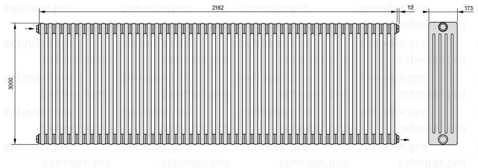 Схема (чертеж) Радиатор Zehnder Charleston 5300/47 №1670 Белый глянцевый RAL 9016
